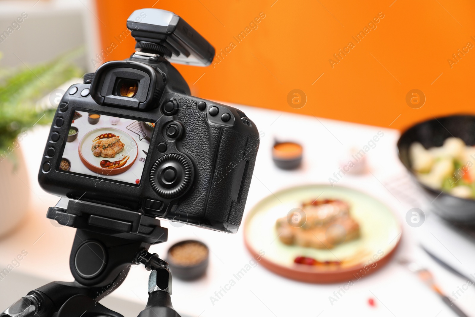 Photo of Professional camera with picture of meat medallion on display in photo studio, space for text. Food stylist