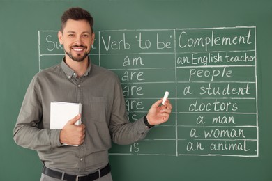 Photo of Happy teacher with book explaining English at blackboard