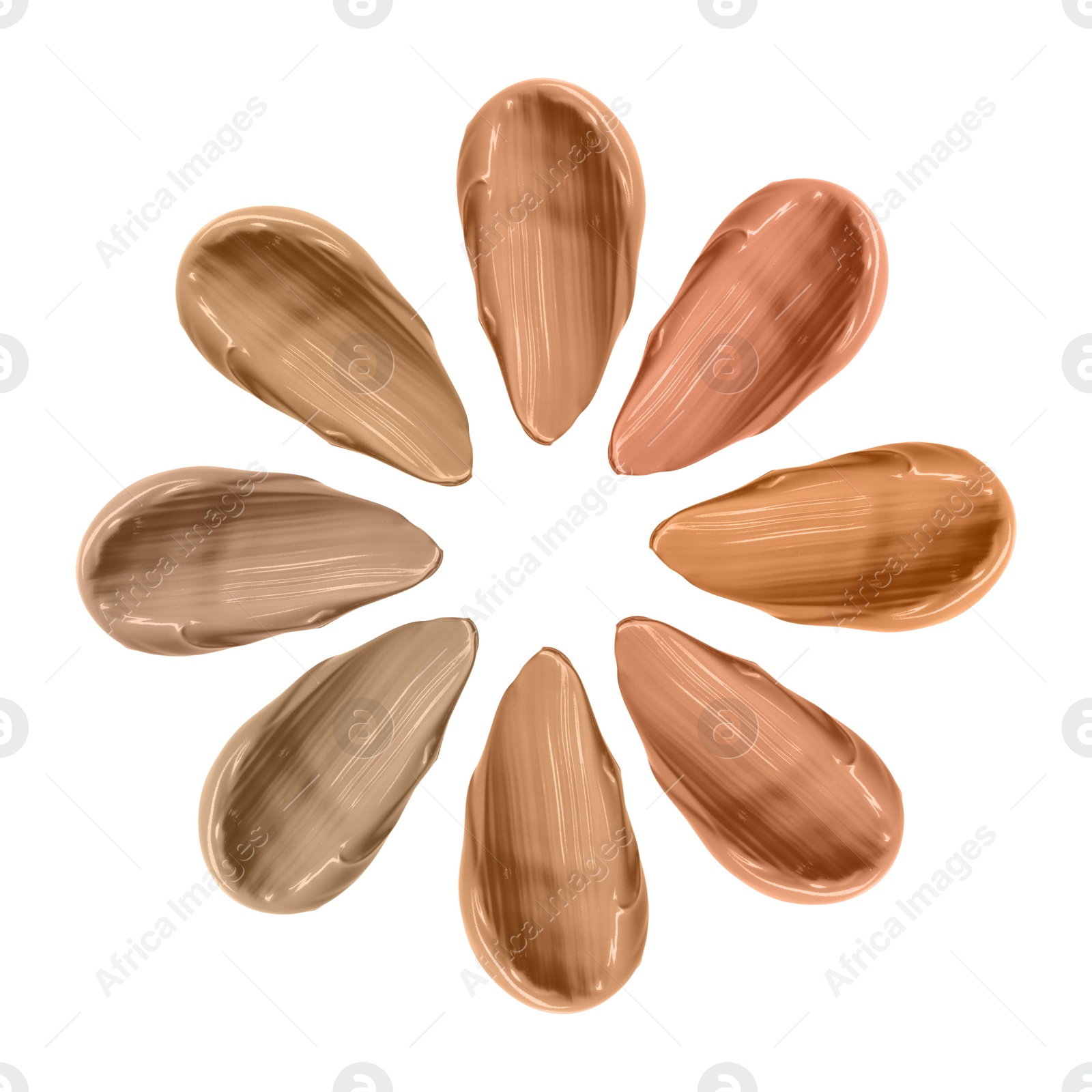 Image of Set with different shades of liquid skin foundation on white background, top view 