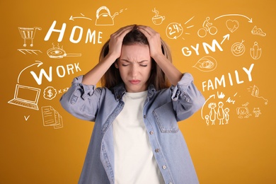 Image of Stressed young woman, text and drawings on yellow background