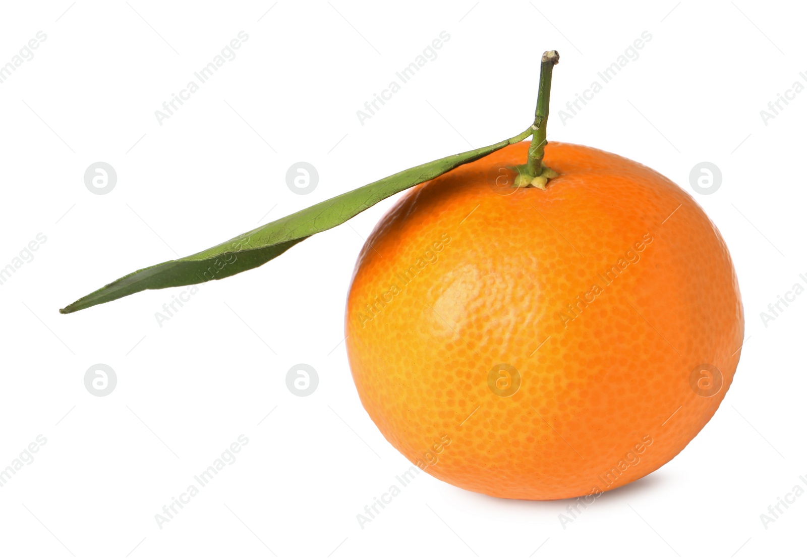 Photo of Fresh ripe tangerine with green leaf isolated on white