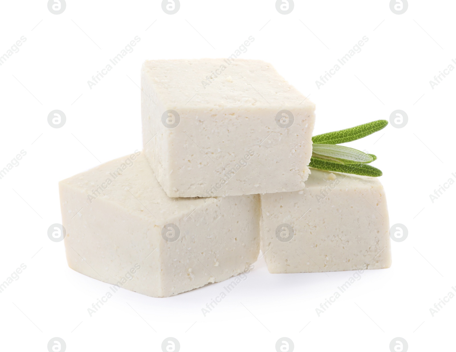 Photo of Delicious tofu and rosemary on white background