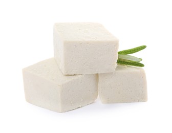 Photo of Delicious tofu and rosemary on white background