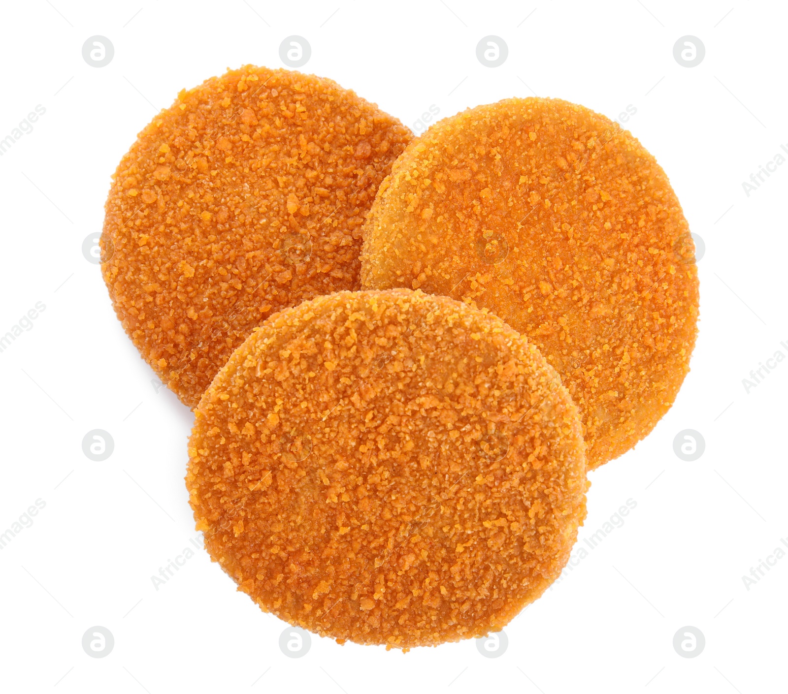 Photo of Delicious fried breaded cutlets on white background, top view