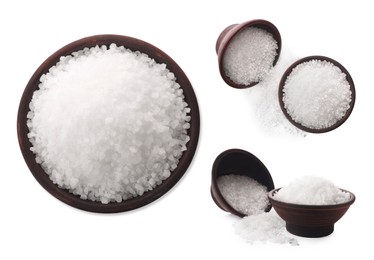 Natural salt in bowls isolated on white, set