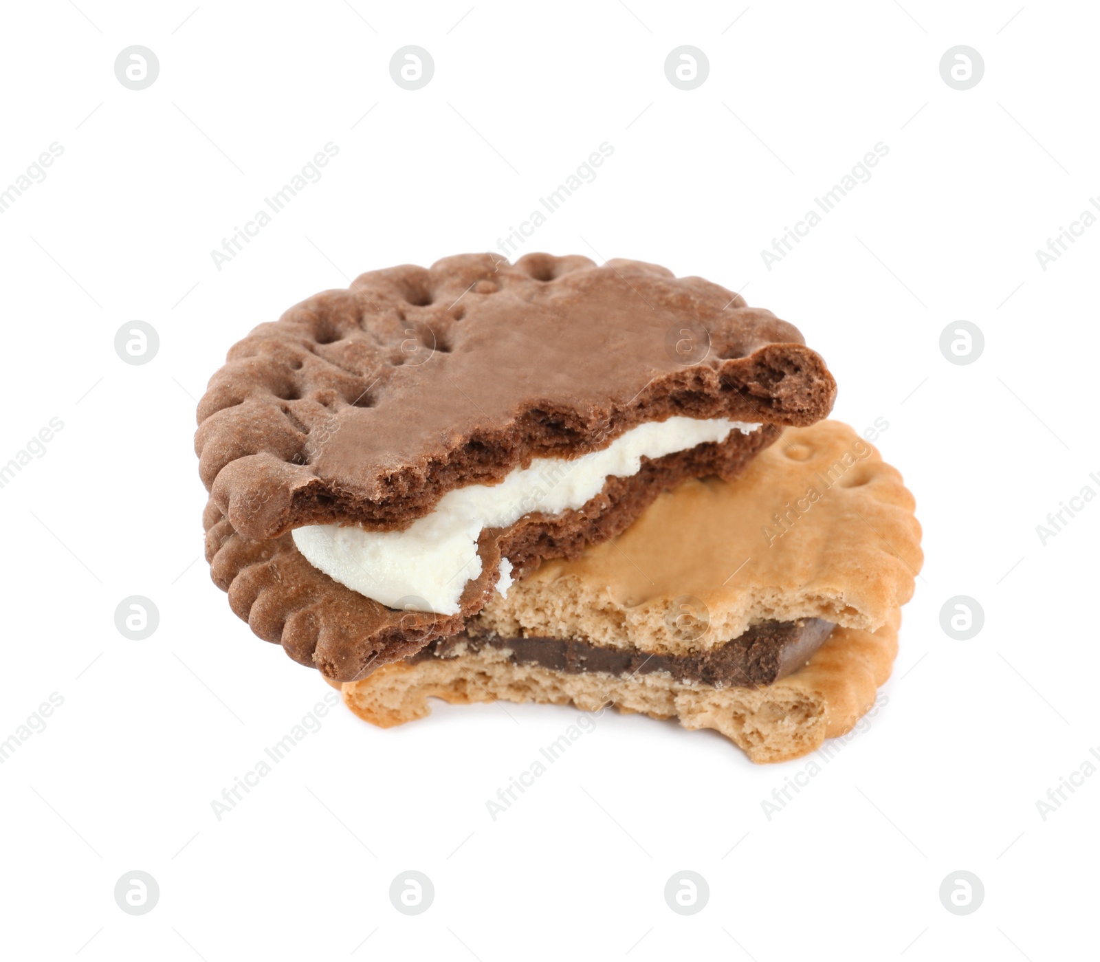 Photo of Different broken tasty sandwich cookies on white background