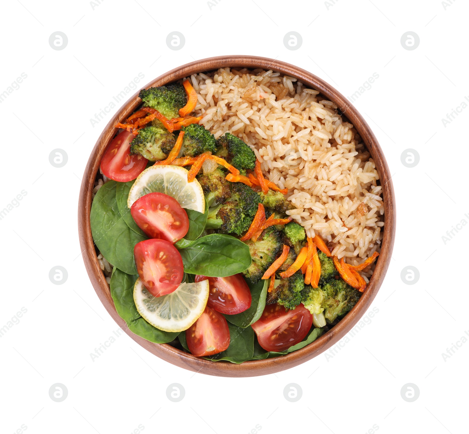 Photo of Tasty fried rice with vegetables in bowl isolated on white, top view