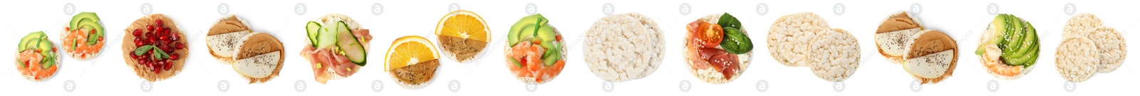 Image of Set of puffed rice cakes with different ingredients on white background, top view. Banner design 