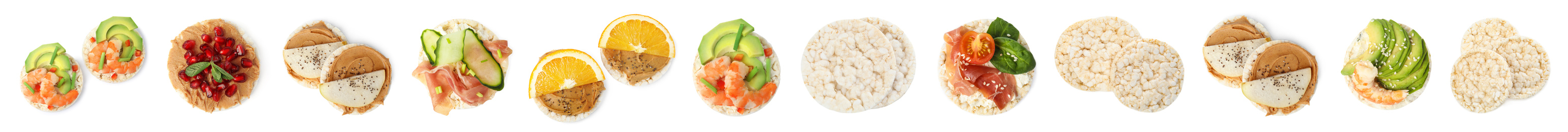 Image of Set of puffed rice cakes with different ingredients on white background, top view. Banner design 