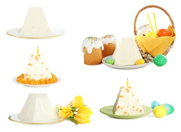 Image of Set with traditional cottage cheese Easter paskhas and cakes on white background