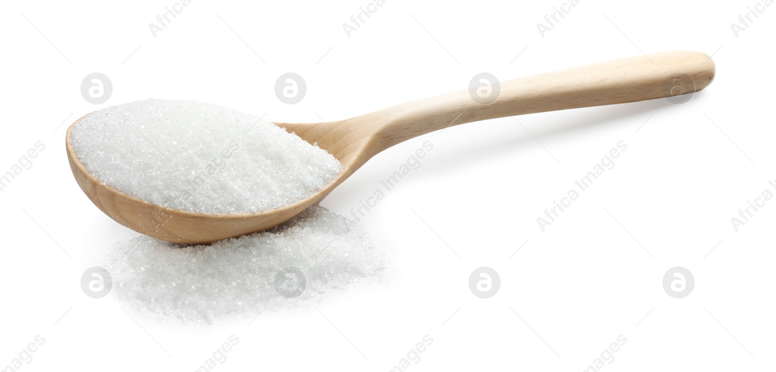 Photo of Spoon with granulated sugar isolated on white