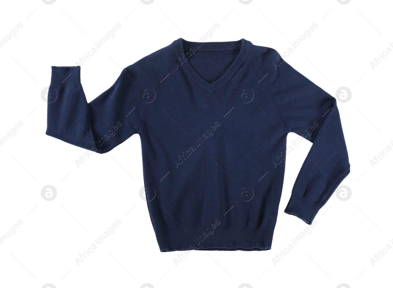 Photo of Blue pullover isolated on white, top view. Stylish school uniform