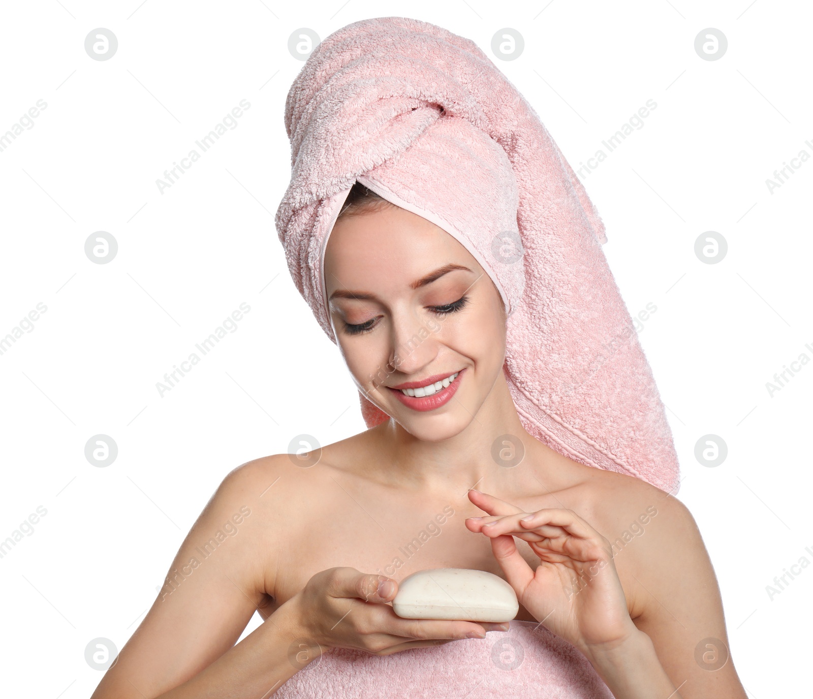 Image of Beautiful young woman with soap bar on white background