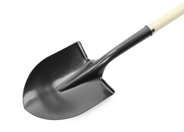 Photo of One new shovel with wooden handle isolated on white. Gardening tool