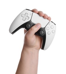 Photo of Woman holding wireless game controller on white background, closeup