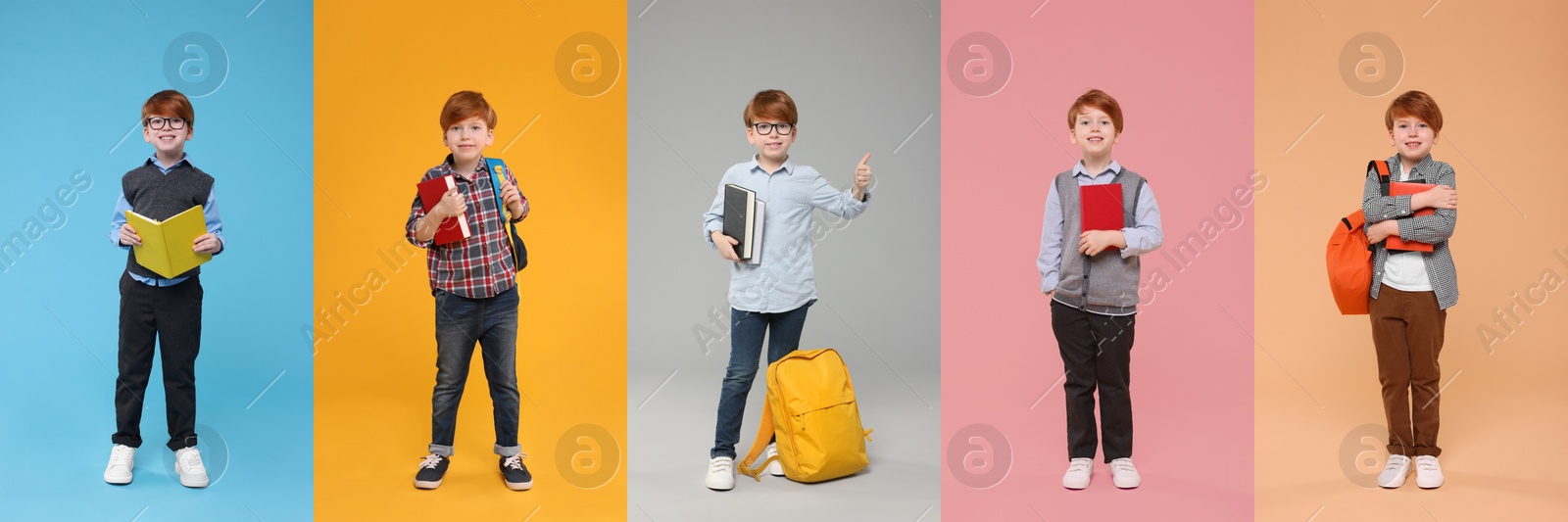 Image of Little schoolboy on color backgrounds, set of photos