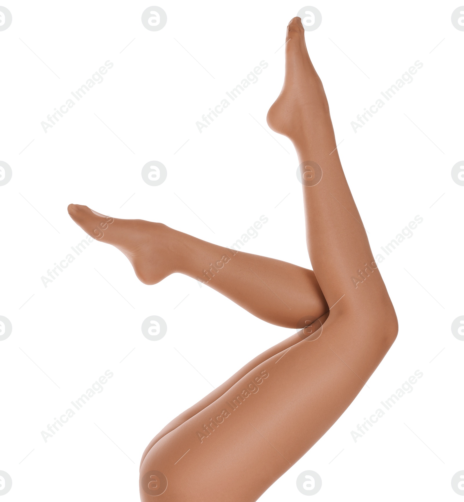 Photo of Woman with beautiful long legs wearing tights on white background, closeup