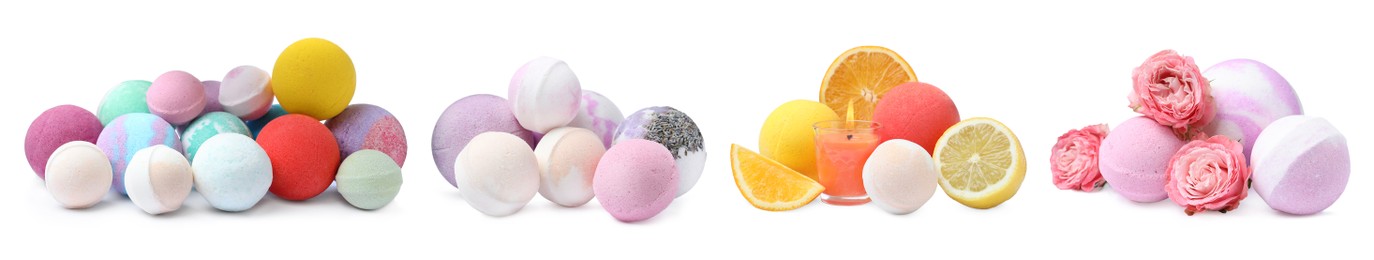 Image of Set with aromatic bath bombs on white background. Banner design