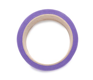 Roll of violet adhesive tape on white background, top view