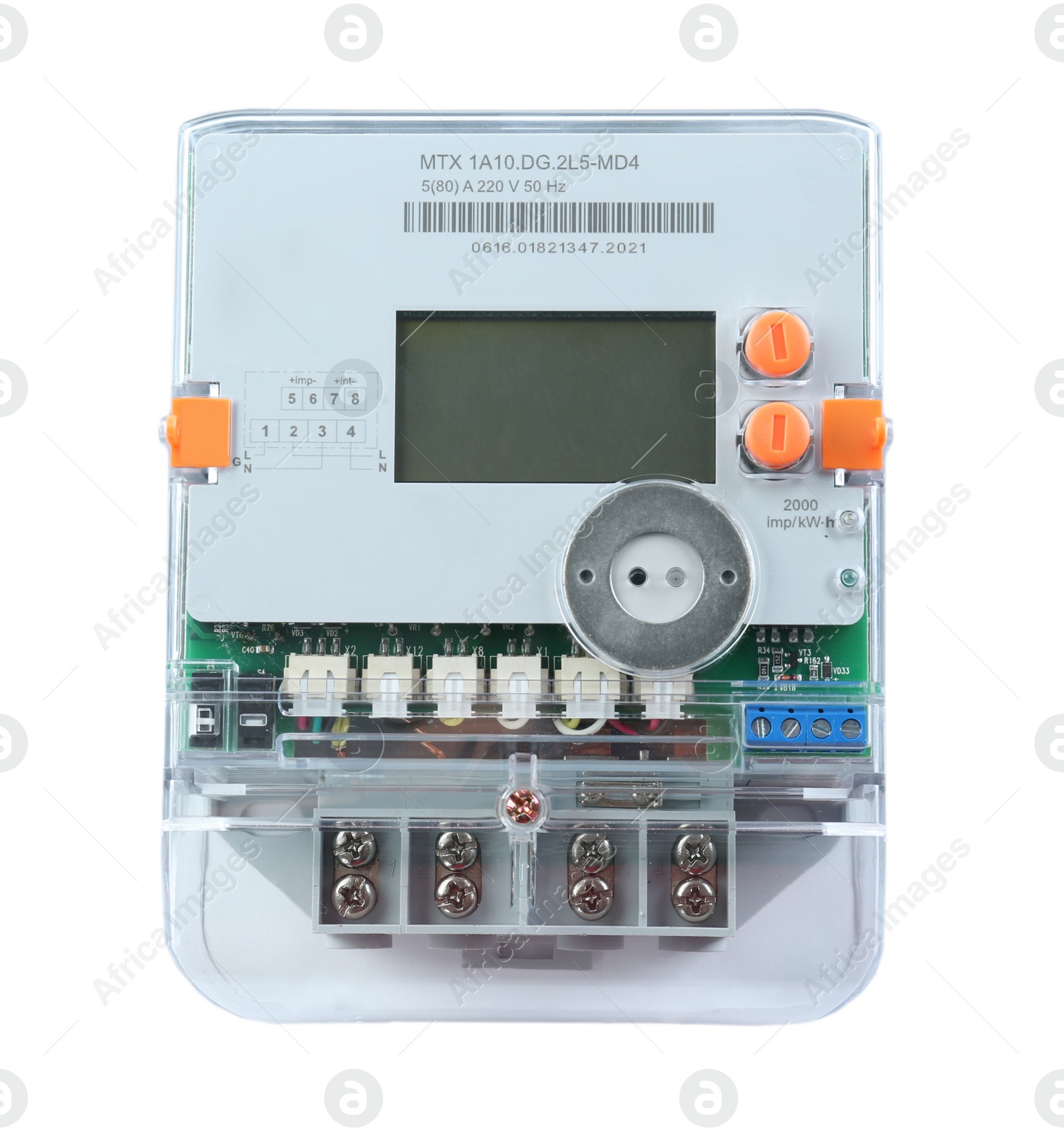 Photo of Electricity meter isolated on white background, top view. Measuring device