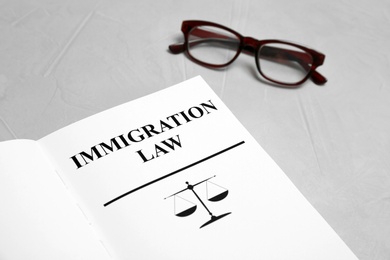 Book with words IMMIGRATION LAW and glasses on grey background, closeup