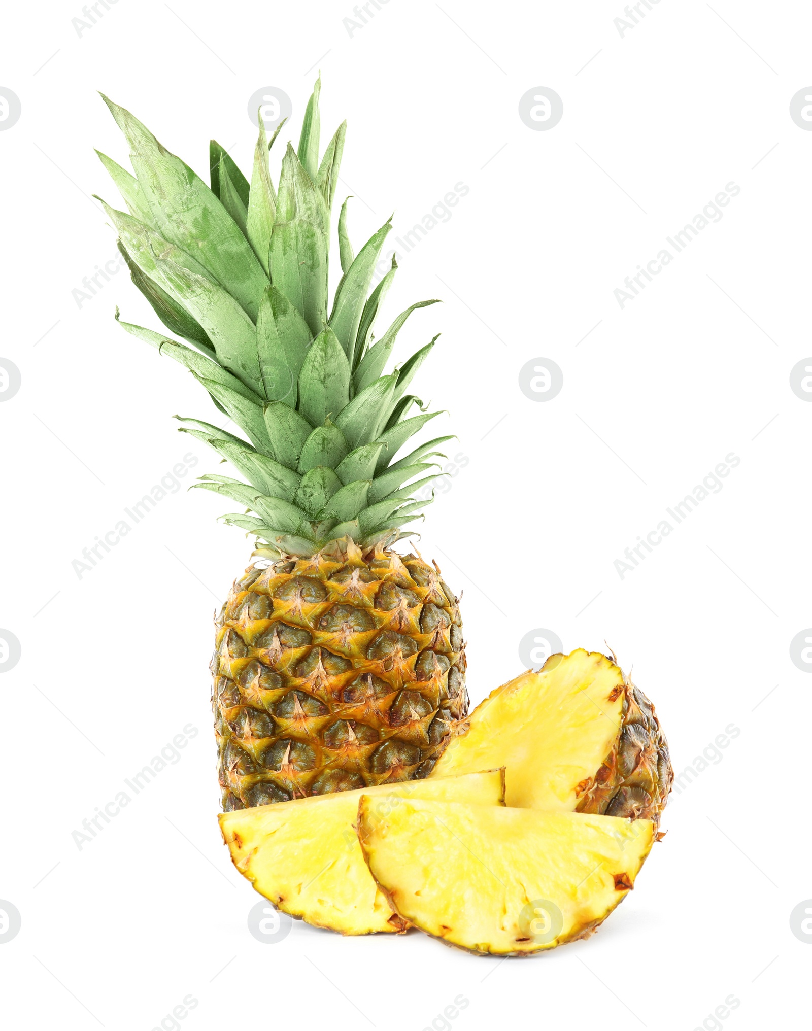 Photo of Whole and cut juicy pineapples isolated on white