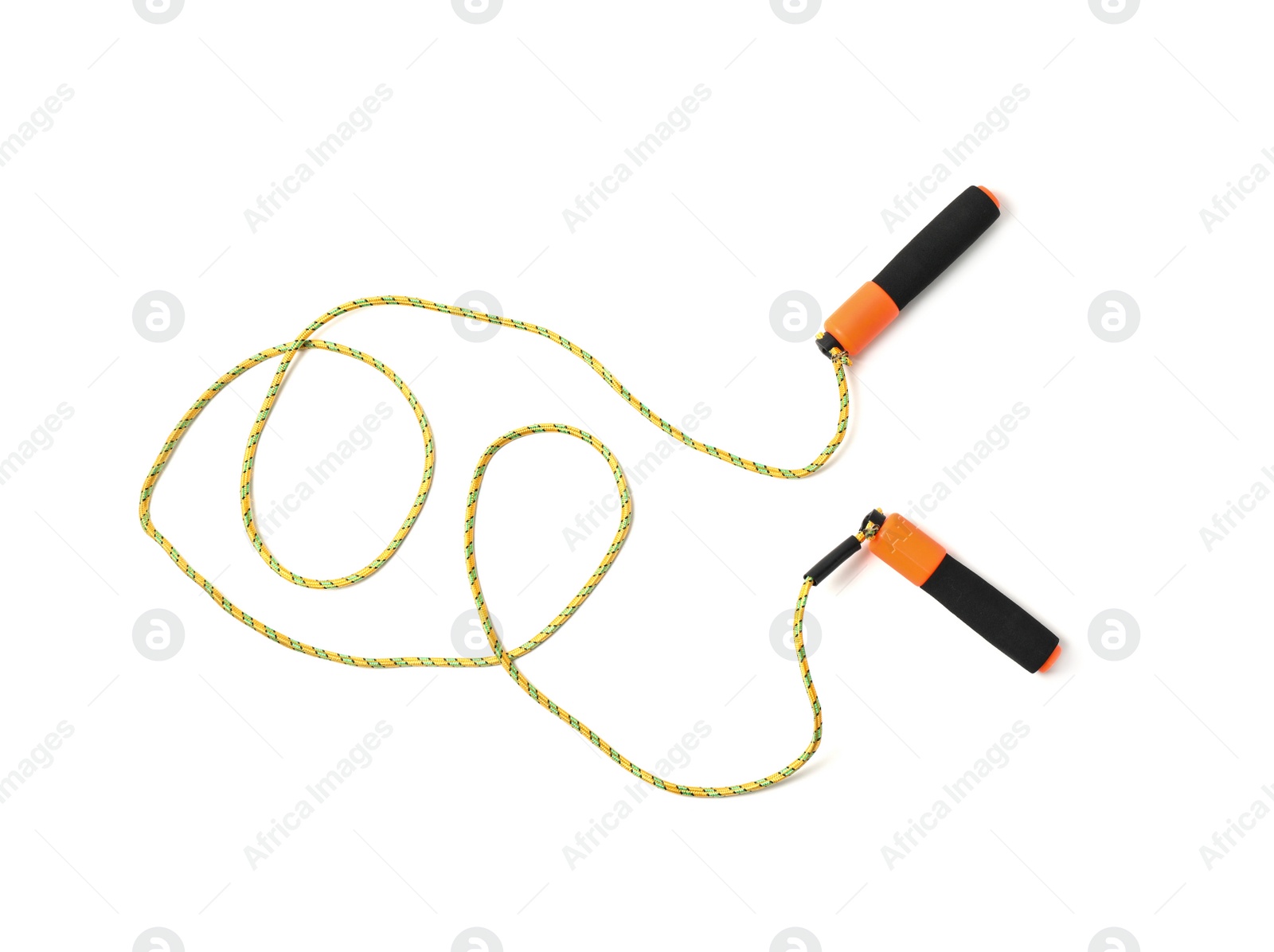 Photo of Jump rope on white background, top view