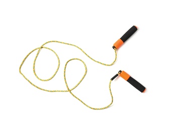 Photo of Jump rope on white background, top view