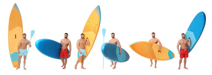 Photos of young man with sup boards isolated on white, collage