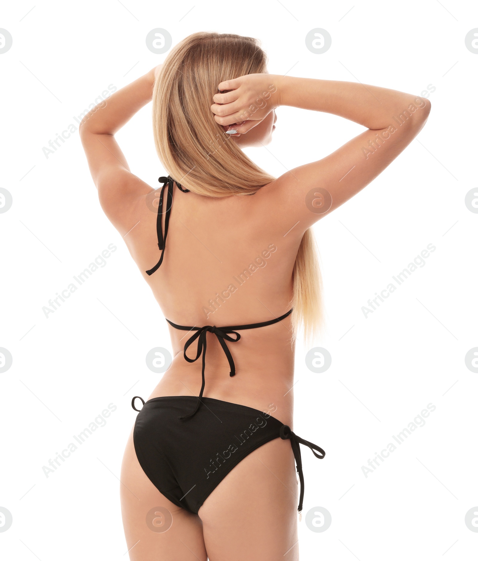 Photo of Young woman wearing stylish bikini on white background, back view