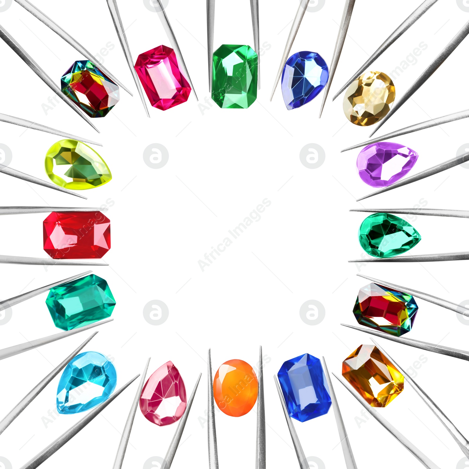 Image of Frame of tweezers with different shiny gemstones on white background