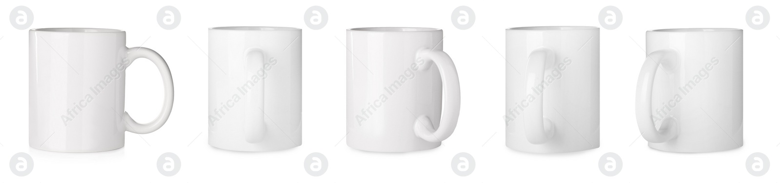 Image of Set with ceramic mugs on white background. Banner design