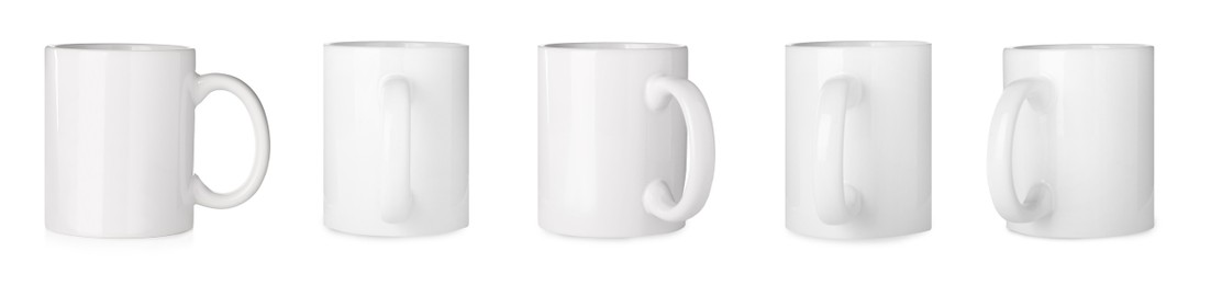 Image of Set with ceramic mugs on white background. Banner design