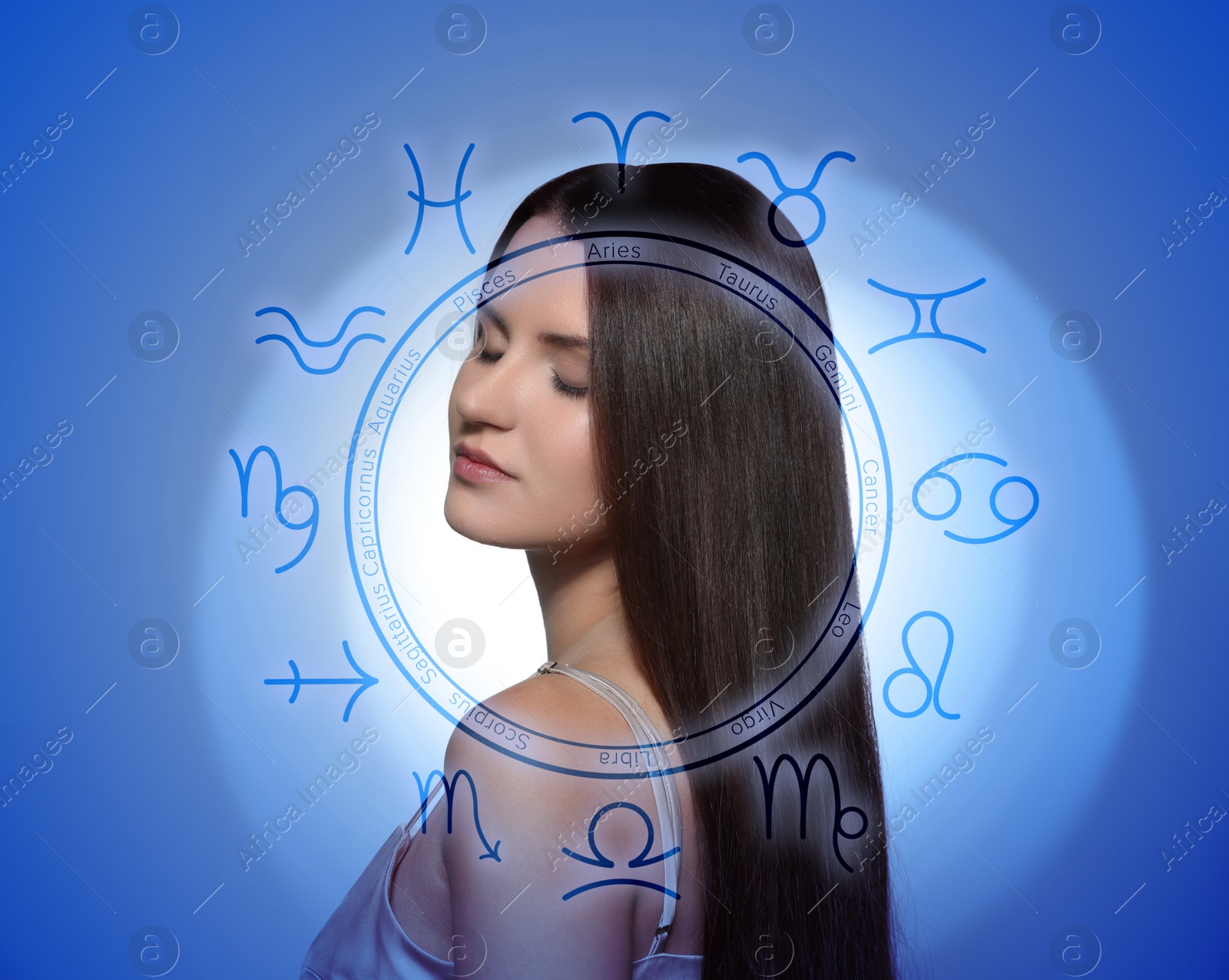 Image of Beautiful young woman and zodiac wheel illustration on blue background