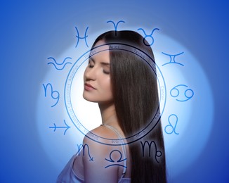 Image of Beautiful young woman and zodiac wheel illustration on blue background