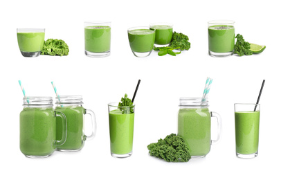 Image of Set of tasty fresh kale smoothie on white background