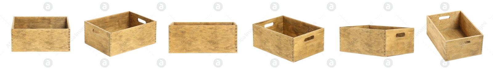 Image of Collage of empty wooden box for tools or something else on white background, different sides