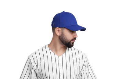 Photo of Man in stylish blue baseball cap on white background