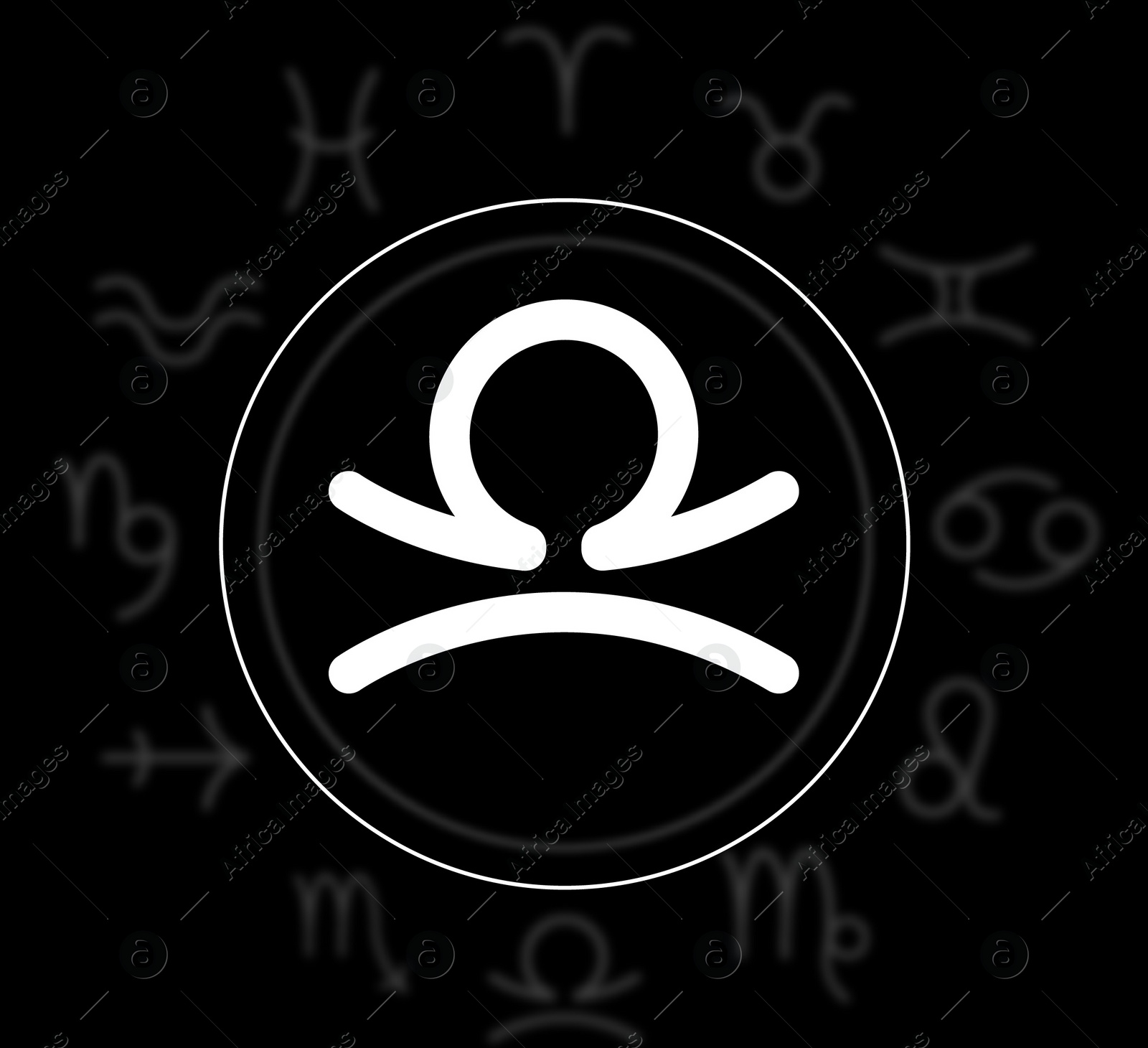 Illustration of Libra astrological sign and zodiac wheel on black background. Illustration 