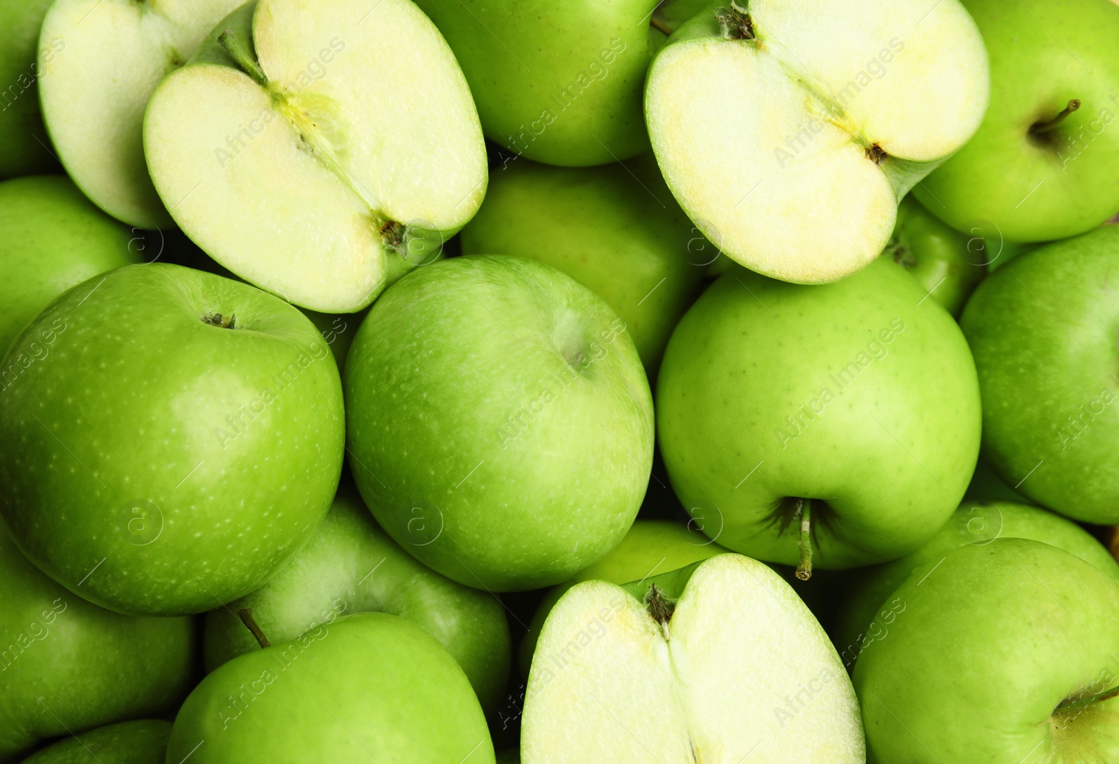 Photo of Fresh ripe green apples as background, closeup view