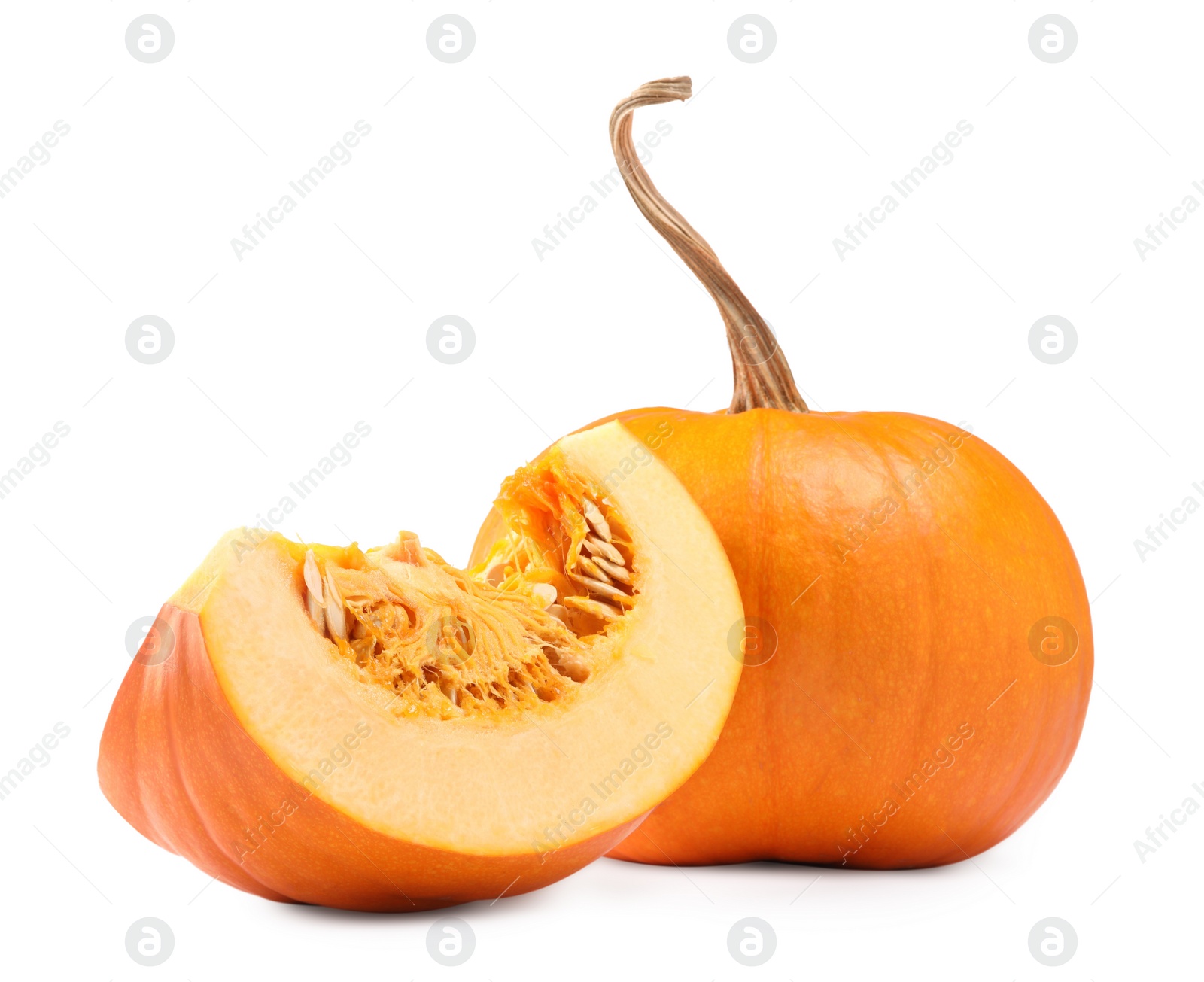 Photo of Whole and cut fresh ripe pumpkins isolated on white