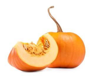 Photo of Whole and cut fresh ripe pumpkins isolated on white