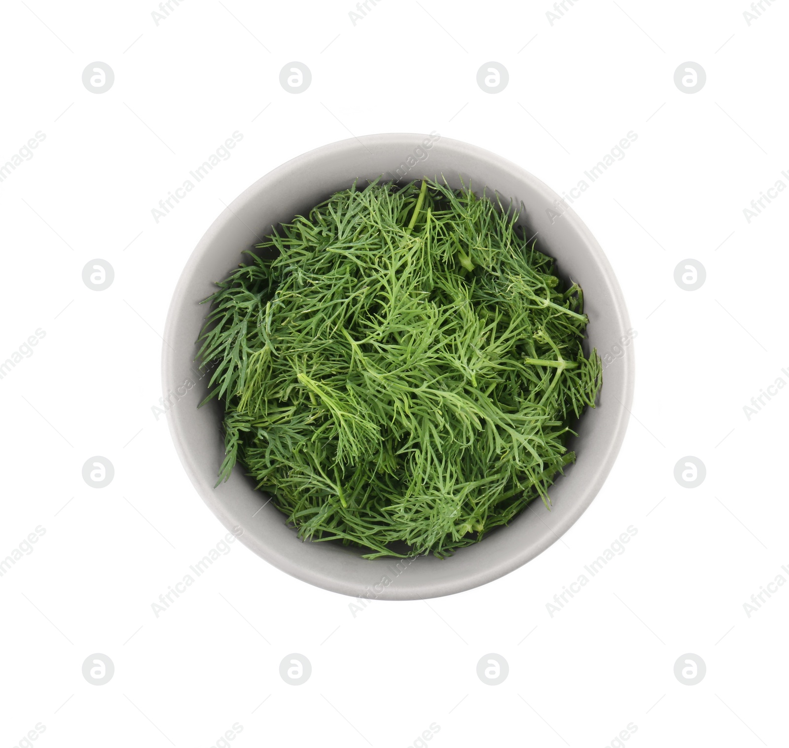 Photo of Bowl of fresh dill isolated on white, top view