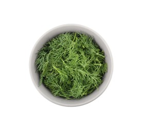 Bowl of fresh dill isolated on white, top view