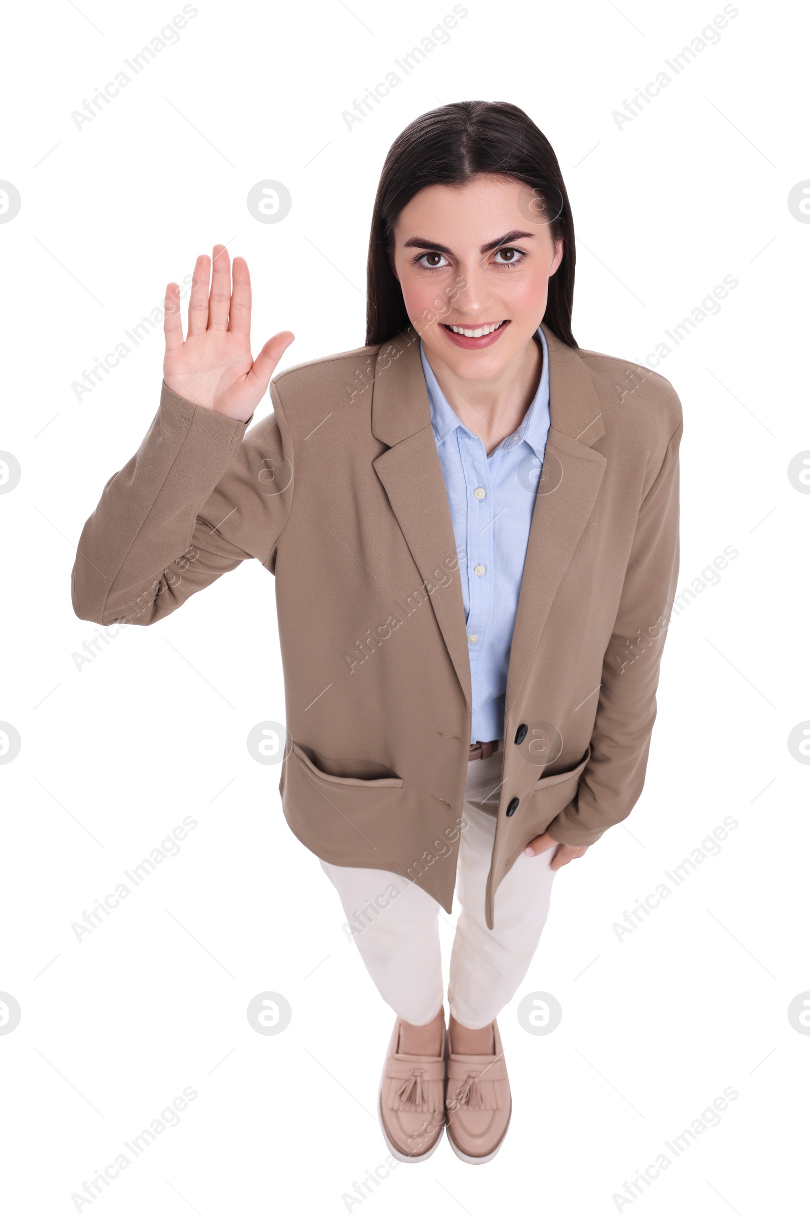 Photo of Beautiful happy businesswoman on white background, above view