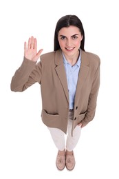 Beautiful happy businesswoman on white background, above view