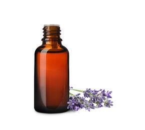 Bottle of lavender essential oil and flowers on white background