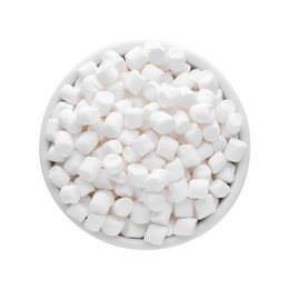 Photo of Bowl of delicious puffy marshmallows isolated on white, top view