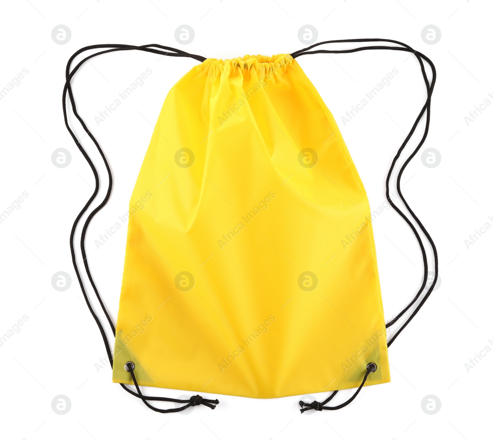 Photo of One yellow drawstring bag isolated on white