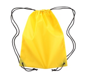 Photo of One yellow drawstring bag isolated on white